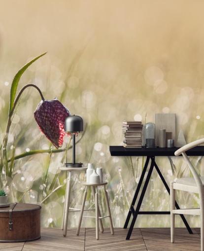 Peinture murale Tulipe rouge dans un champ couverte de gouttes de pluie