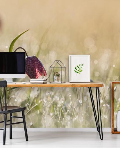 Decorazione murale con tulipano rosso in campo ricoperto di gocce di pioggia Decorazione murale con tulipano rosso in campo ricoperto di gocce di pioggia