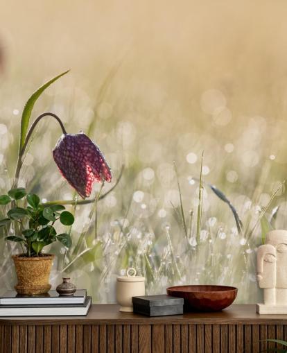 Red Tulip in Field Covered in Raindrops Mural