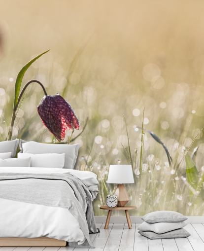 Red Tulip in Field Covered in Raindrops Mural