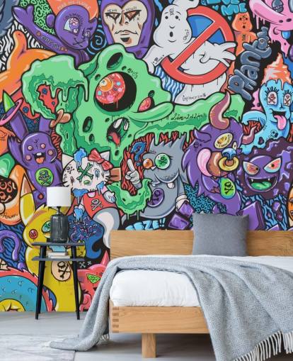 colorido mural de grafiti de dibujos animados llamado Ghosts de Grins Walls para dormitorios de adolescentes, oficinas en casa y cuevas de hombres colorido mural de grafiti de dibujos animados llamado Ghosts de Grins Walls para dormitorios de adolescentes, oficinas en casa y cuevas de hombres