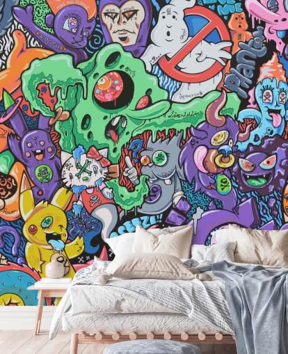 colorful cartoon graffiti wallpaper mural called Ghosts by Grins Walls for teen bedrooms, home offices and man caves colorful cartoon graffiti wallpaper mural called Ghosts by Grins Walls for teen bedrooms, home offices and man caves
