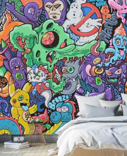 kleurrijke cartoon graffiti behangmuurschildering genaamd Ghosts by Grins Walls voor tienerkamers, thuiskantoren en mannengrotten