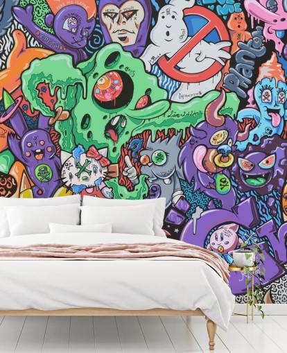 colorful cartoon graffiti wallpaper mural called Ghosts by Grins Walls for teen bedrooms, home offices and man caves colorful cartoon graffiti wallpaper mural called Ghosts by Grins Walls for teen bedrooms, home offices and man caves