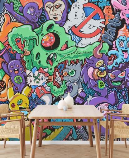 colorido mural de grafiti de dibujos animados llamado Ghosts de Grins Walls para dormitorios de adolescentes, oficinas en casa y cuevas de hombres