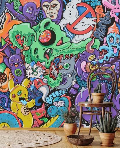 mural colorido de papel de parede de grafite de desenho animado chamado Ghosts by Grins Walls para quartos de adolescentes, escritórios domésticos e cavernas masculinas