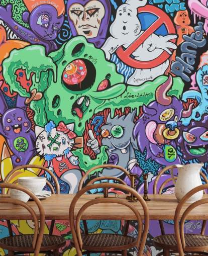 värikäs sarjakuva-graffiti-taustakuvamaalaus nimeltä Ghosts by Grins Walls teini-ikäisten makuuhuoneisiin, kotitoimistoihin ja miesten luoliin