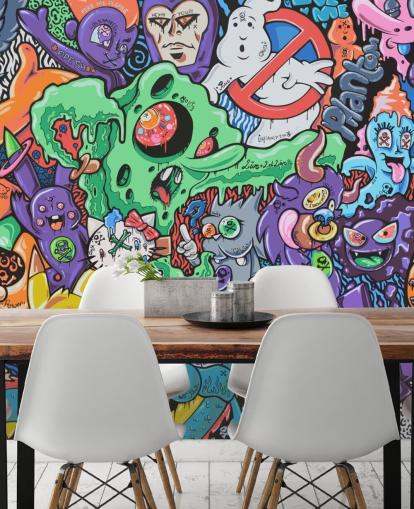 carta da parati murale colorata con graffiti a fumetti chiamata Ghosts by Grins Walls per camere da letto per adolescenti, uffici domestici e grotte per uomini