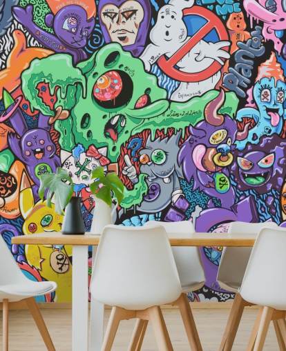 colorful cartoon graffiti wallpaper mural called Ghosts by Grins Walls for teen bedrooms, home offices and man caves