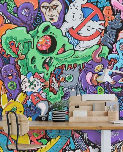 fargerikt tegneseriegraftitapet veggmaleri kalt Ghosts by Grins Walls for tenåringssoverom, hjemmekontorer og mannshuler