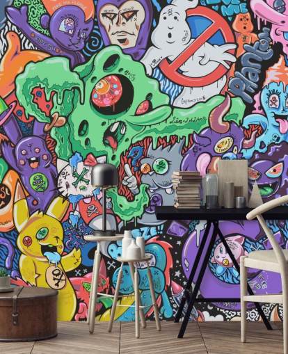 Buntes Cartoon-Graffiti-Tapeten-Wandbild „Ghosts“ von Grins Walls für Jugendzimmer, Heimbüros und Männerhöhlen
