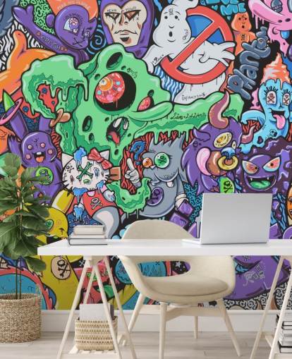 farverigt tegnefilmgraffiti-tapetmaleri kaldet Ghosts by Grins Walls til teenagersoveværelser, hjemmekontorer og mandshuler farverigt tegnefilmgraffiti-tapetmaleri kaldet Ghosts by Grins Walls til teenagersoveværelser, hjemmekontorer og mandshuler