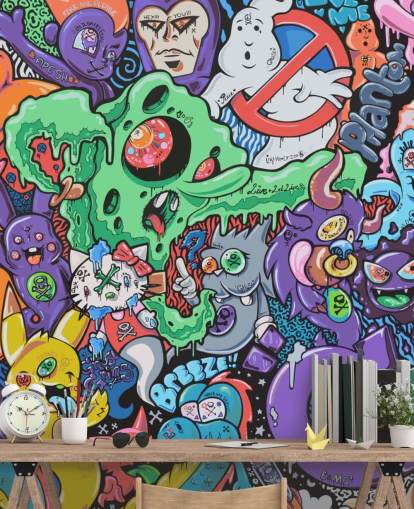färgglad tecknad graffiti tapetväggmålning kallad Ghosts by Grins Walls för tonårsrum, hemmakontor och mangrottor färgglad tecknad graffiti tapetväggmålning kallad Ghosts by Grins Walls för tonårsrum, hemmakontor och mangrottor