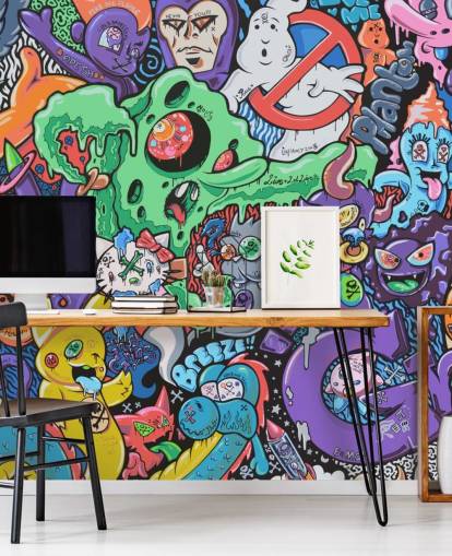 kleurrijke cartoon graffiti behangmuurschildering genaamd Ghosts by Grins Walls voor tienerkamers, thuiskantoren en mannengrotten