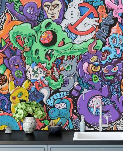 farverigt tegnefilmgraffiti-tapetmaleri kaldet Ghosts by Grins Walls til teenagersoveværelser, hjemmekontorer og mandshuler farverigt tegnefilmgraffiti-tapetmaleri kaldet Ghosts by Grins Walls til teenagersoveværelser, hjemmekontorer og mandshuler