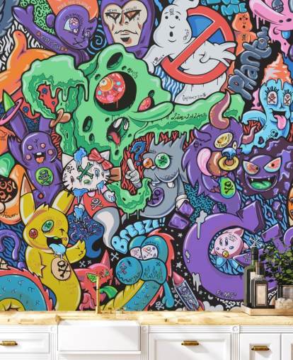 colorido mural de grafiti de dibujos animados llamado Ghosts de Grins Walls para dormitorios de adolescentes, oficinas en casa y cuevas de hombres