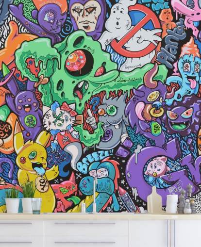 colorido mural de grafiti de dibujos animados llamado Ghosts de Grins Walls para dormitorios de adolescentes, oficinas en casa y cuevas de hombres