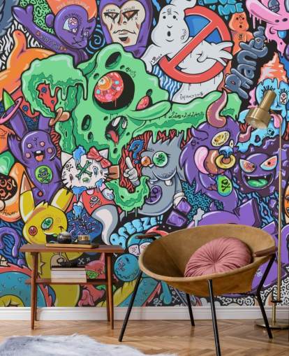 colorido mural de grafiti de dibujos animados llamado Ghosts de Grins Walls para dormitorios de adolescentes, oficinas en casa y cuevas de hombres colorido mural de grafiti de dibujos animados llamado Ghosts de Grins Walls para dormitorios de adolescentes, oficinas en casa y cuevas de hombres