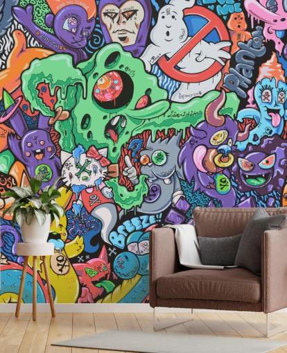 colorido mural de grafiti de dibujos animados llamado Ghosts de Grins Walls para dormitorios de adolescentes, oficinas en casa y cuevas de hombres