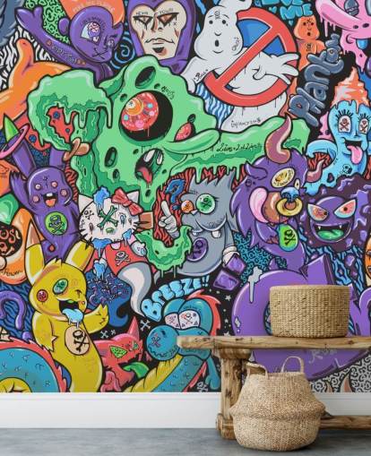 Buntes Cartoon-Graffiti-Tapeten-Wandbild „Ghosts“ von Grins Walls für Jugendzimmer, Heimbüros und Männerhöhlen Buntes Cartoon-Graffiti-Tapeten-Wandbild „Ghosts“ von Grins Walls für Jugendzimmer, Heimbüros und Männerhöhlen