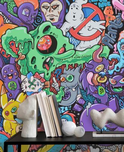 fargerikt tegneseriegraftitapet veggmaleri kalt Ghosts by Grins Walls for tenåringssoverom, hjemmekontorer og mannshuler