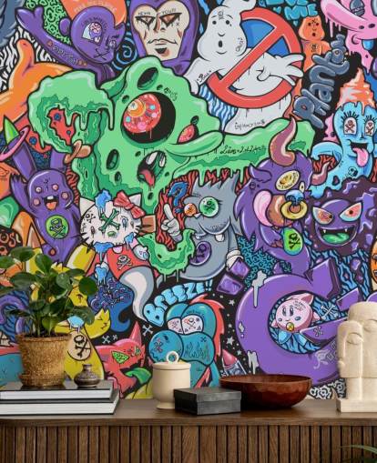 farverigt tegnefilmgraffiti-tapetmaleri kaldet Ghosts by Grins Walls til teenagersoveværelser, hjemmekontorer og mandshuler farverigt tegnefilmgraffiti-tapetmaleri kaldet Ghosts by Grins Walls til teenagersoveværelser, hjemmekontorer og mandshuler