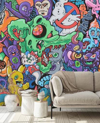 colorido mural de grafiti de dibujos animados llamado Ghosts de Grins Walls para dormitorios de adolescentes, oficinas en casa y cuevas de hombres