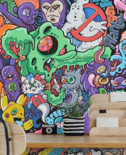 kleurrijke cartoon graffiti behangmuurschildering genaamd Ghosts by Grins Walls voor tienerkamers, thuiskantoren en mannengrotten
