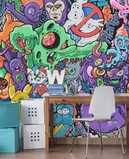 kleurrijke cartoon graffiti behangmuurschildering genaamd Ghosts by Grins Walls voor tienerkamers, thuiskantoren en mannengrotten