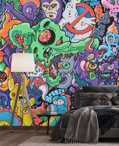 colorido mural de grafiti de dibujos animados llamado Ghosts de Grins Walls para dormitorios de adolescentes, oficinas en casa y cuevas de hombres