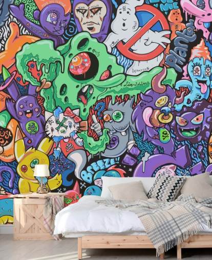 colorido mural de grafiti de dibujos animados llamado Ghosts de Grins Walls para dormitorios de adolescentes, oficinas en casa y cuevas de hombres