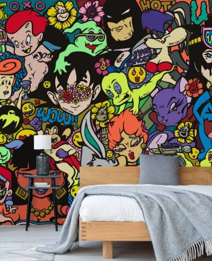 färgstark anpassningsbar tecknad graffiti väggmålning My Hero av Grins Walls för tonårsrum, hemmakontor och mangrottor