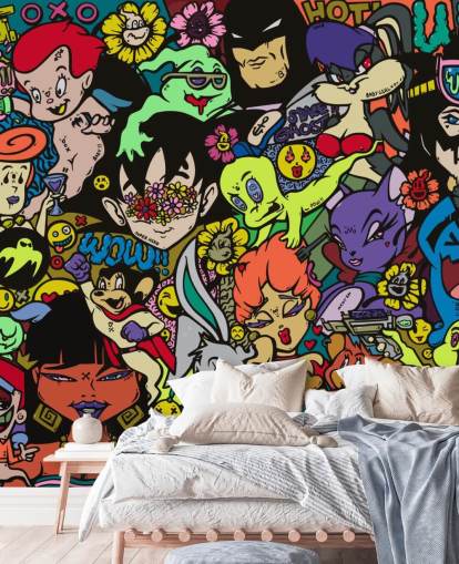 colourful customisable cartoon graffiti wall mural called My Hero by Grins Walls for teen bedrooms, home offices and man caves colourful customisable cartoon graffiti wall mural called My Hero by Grins Walls for teen bedrooms, home offices and man caves