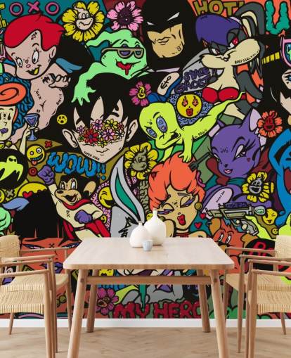 kleurrijke aanpasbare cartoon graffiti muurschildering genaamd My Hero van Grins Walls voor tienerkamers, thuiskantoren en mangrotten kleurrijke aanpasbare cartoon graffiti muurschildering genaamd My Hero van Grins Walls voor tienerkamers, thuiskantoren en mangrotten