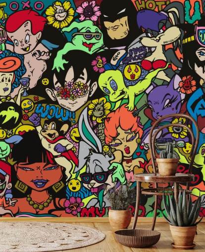 fargerikt tilpassbart tegnefilmgraffitiveggmaleri kalt My Hero av Grins Walls for tenåringssoverom, hjemmekontorer og mannshuler