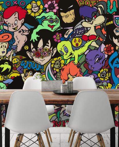 mural de pared colorido y personalizable de grafiti de dibujos animados llamado My Hero de Grins Walls para dormitorios de adolescentes, oficinas en casa y cuevas de hombres