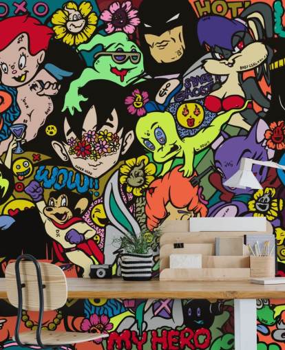 colourful customisable cartoon graffiti wall mural called My Hero by Grins Walls for teen bedrooms, home offices and man caves