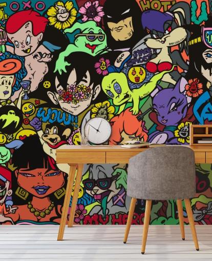 Buntes, personalisierbares Cartoon-Graffiti-Wandbild namens My Hero von Grins Walls für Jugendzimmer, Heimbüros und Männerhöhlen