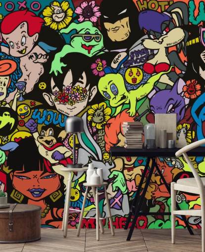 murale colorato e personalizzabile con graffiti a fumetti chiamato My Hero di Grins Walls per camere da letto per adolescenti, uffici domestici e grotte per uomini