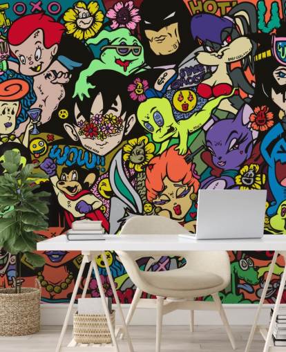 mural de pared colorido y personalizable de grafiti de dibujos animados llamado My Hero de Grins Walls para dormitorios de adolescentes, oficinas en casa y cuevas de hombres