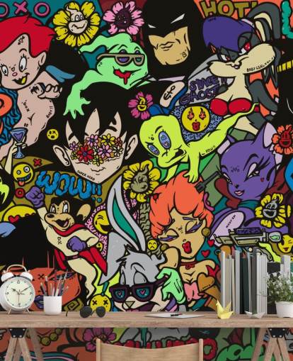 kleurrijke aanpasbare cartoon graffiti muurschildering genaamd My Hero van Grins Walls voor tienerkamers, thuiskantoren en mangrotten kleurrijke aanpasbare cartoon graffiti muurschildering genaamd My Hero van Grins Walls voor tienerkamers, thuiskantoren en mangrotten