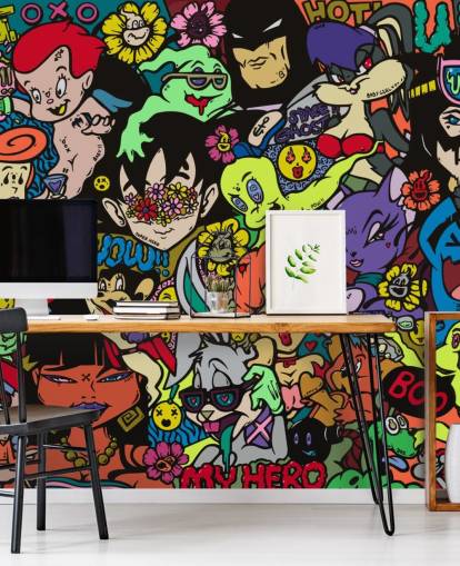 colourful customisable cartoon graffiti wall mural called My Hero by Grins Walls for teen bedrooms, home offices and man caves