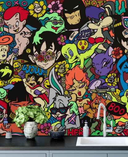 colourful customisable cartoon graffiti wall mural called My Hero by Grins Walls for teen bedrooms, home offices and man caves colourful customisable cartoon graffiti wall mural called My Hero by Grins Walls for teen bedrooms, home offices and man caves