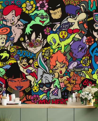 murale colorato e personalizzabile con graffiti a fumetti chiamato My Hero di Grins Walls per camere da letto per adolescenti, uffici domestici e grotte per uomini