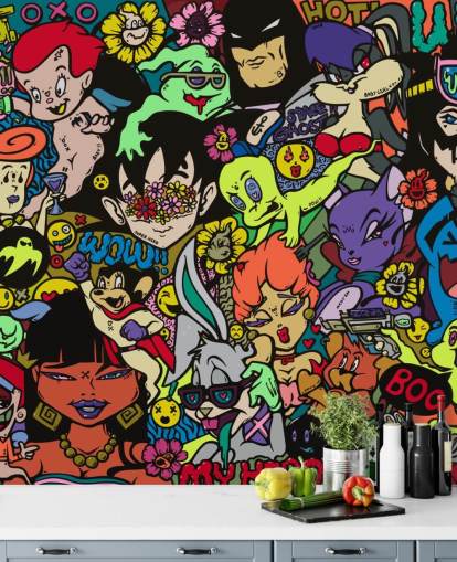 colourful customisable cartoon graffiti wall mural called My Hero by Grins Walls for teen bedrooms, home offices and man caves