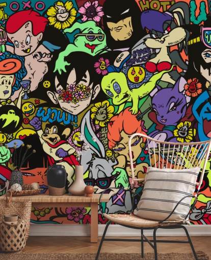 fargerikt tilpassbart tegnefilmgraffitiveggmaleri kalt My Hero av Grins Walls for tenåringssoverom, hjemmekontorer og mannshuler