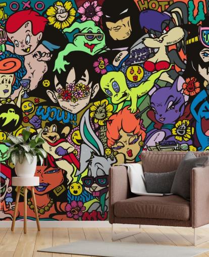 colourful customisable cartoon graffiti wall mural called My Hero by Grins Walls for teen bedrooms, home offices and man caves