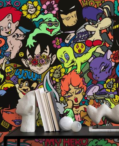 colourful customisable cartoon graffiti wall mural called My Hero by Grins Walls for teen bedrooms, home offices and man caves colourful customisable cartoon graffiti wall mural called My Hero by Grins Walls for teen bedrooms, home offices and man caves