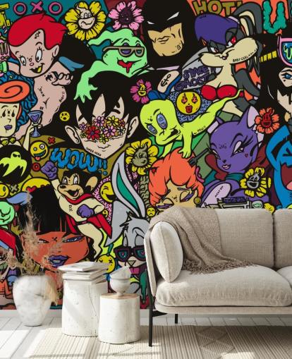 Buntes, personalisierbares Cartoon-Graffiti-Wandbild namens My Hero von Grins Walls für Jugendzimmer, Heimbüros und Männerhöhlen