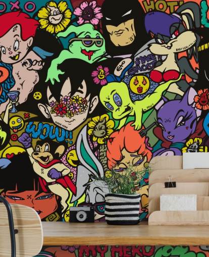 peinture murale de graffiti de dessin animé colorée et personnalisable appelée My Hero de Grins Walls pour les chambres d'adolescents, les bureaux à domicile et les grottes pour hommes